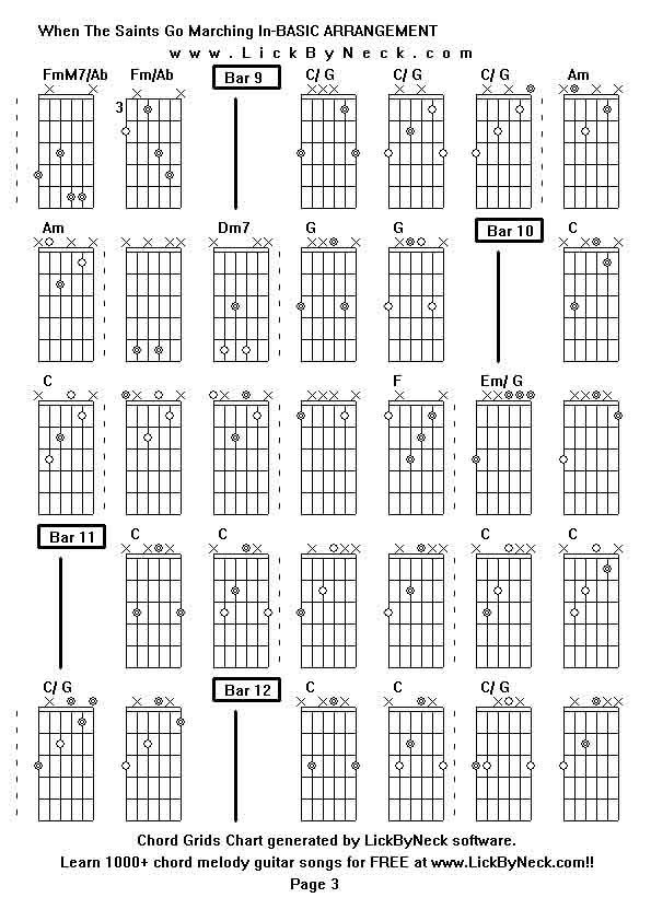 Chord Grids Chart of chord melody fingerstyle guitar song-When The Saints Go Marching In-BASIC ARRANGEMENT,generated by LickByNeck software.